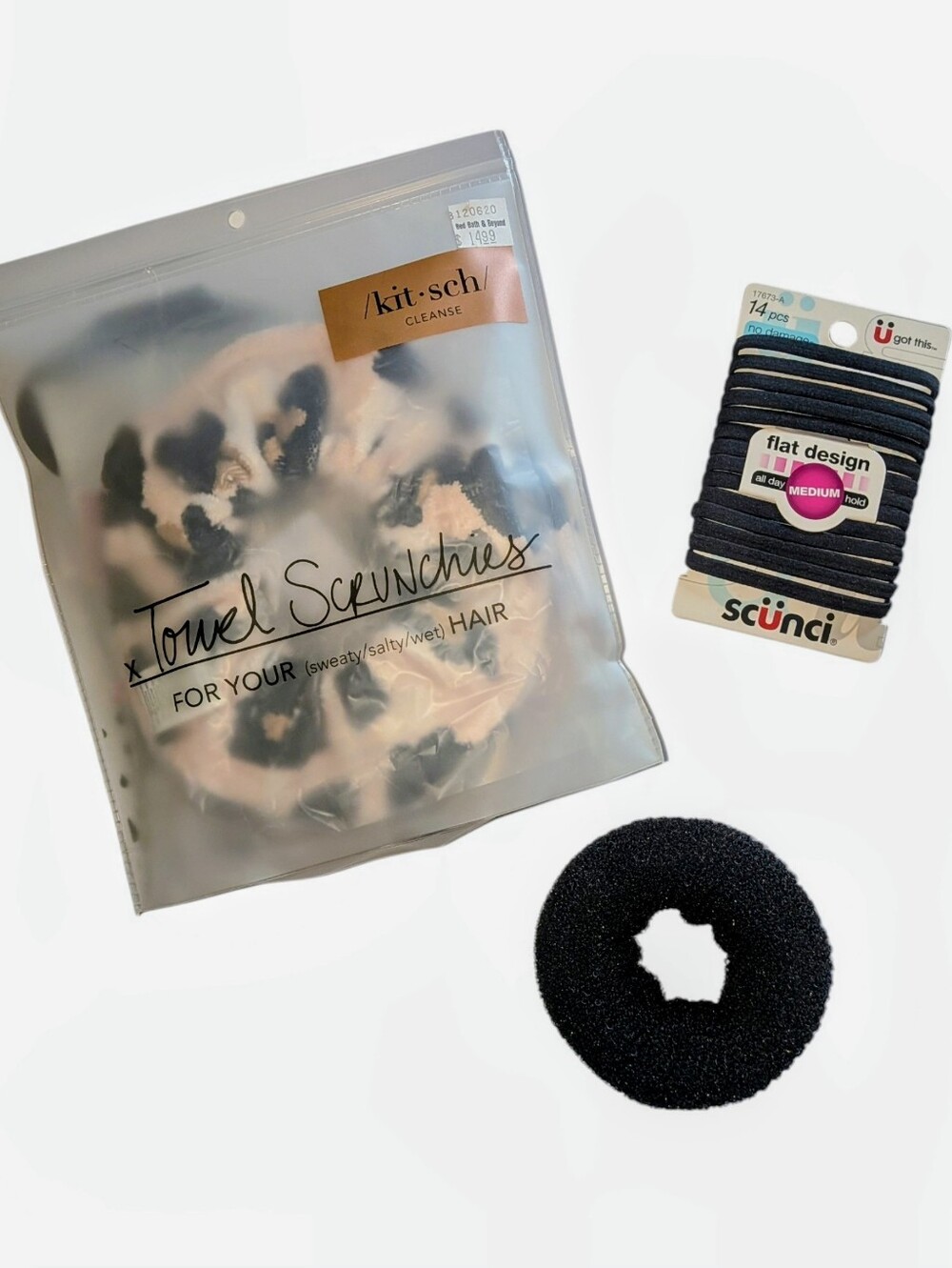 Kitsch Wet Hair Towel Scrunchies, Scunci Flat Elastics, Bun Donut, NWT